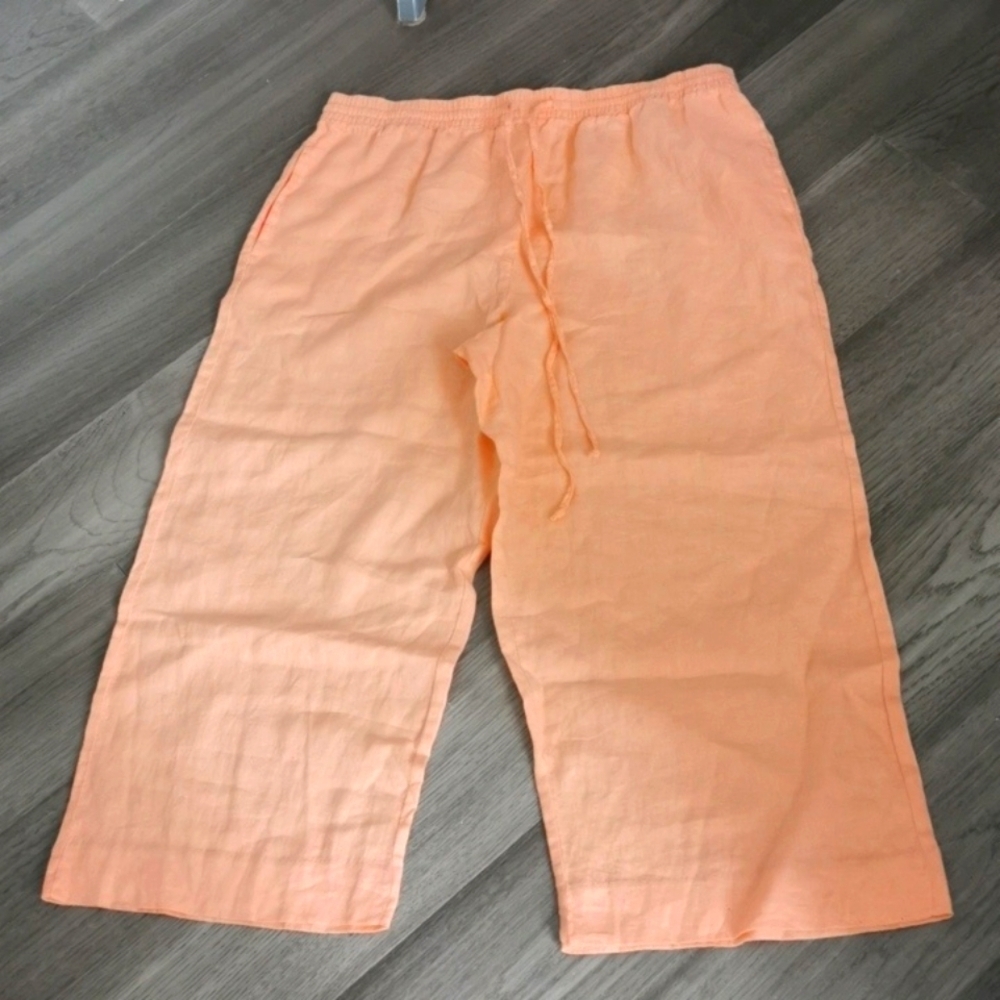 DKNY Pure linen peach womens pants. Wide leg, pull on, pockets, Size large. EUC